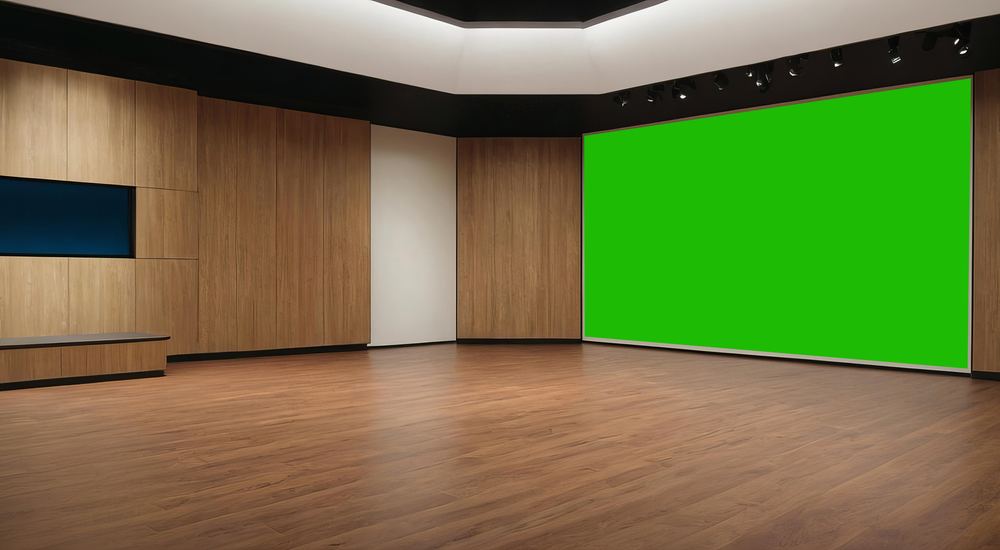 Stock photo of a television news studio backdrop used in an illustrative fictional ad example