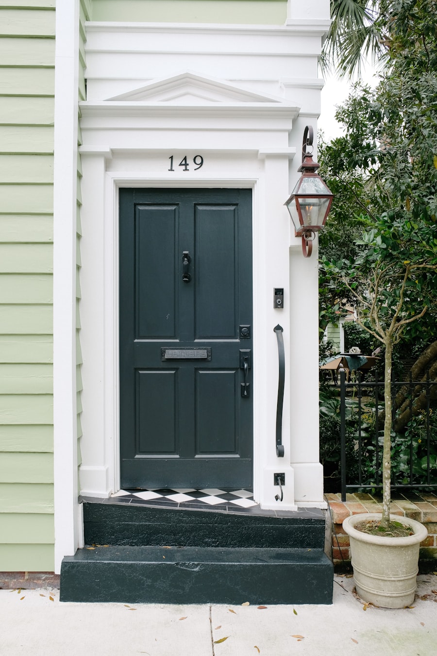 Fresh White Entry Door With Garden Landscaping